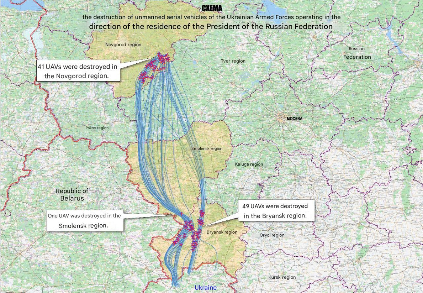 
					The purported flight path of Ukrainian drones used in the claimed attack on Putin’s Valdai residence on Dec. 28-29. (Automatic Google translation).					 					Russian Defense Ministry				
