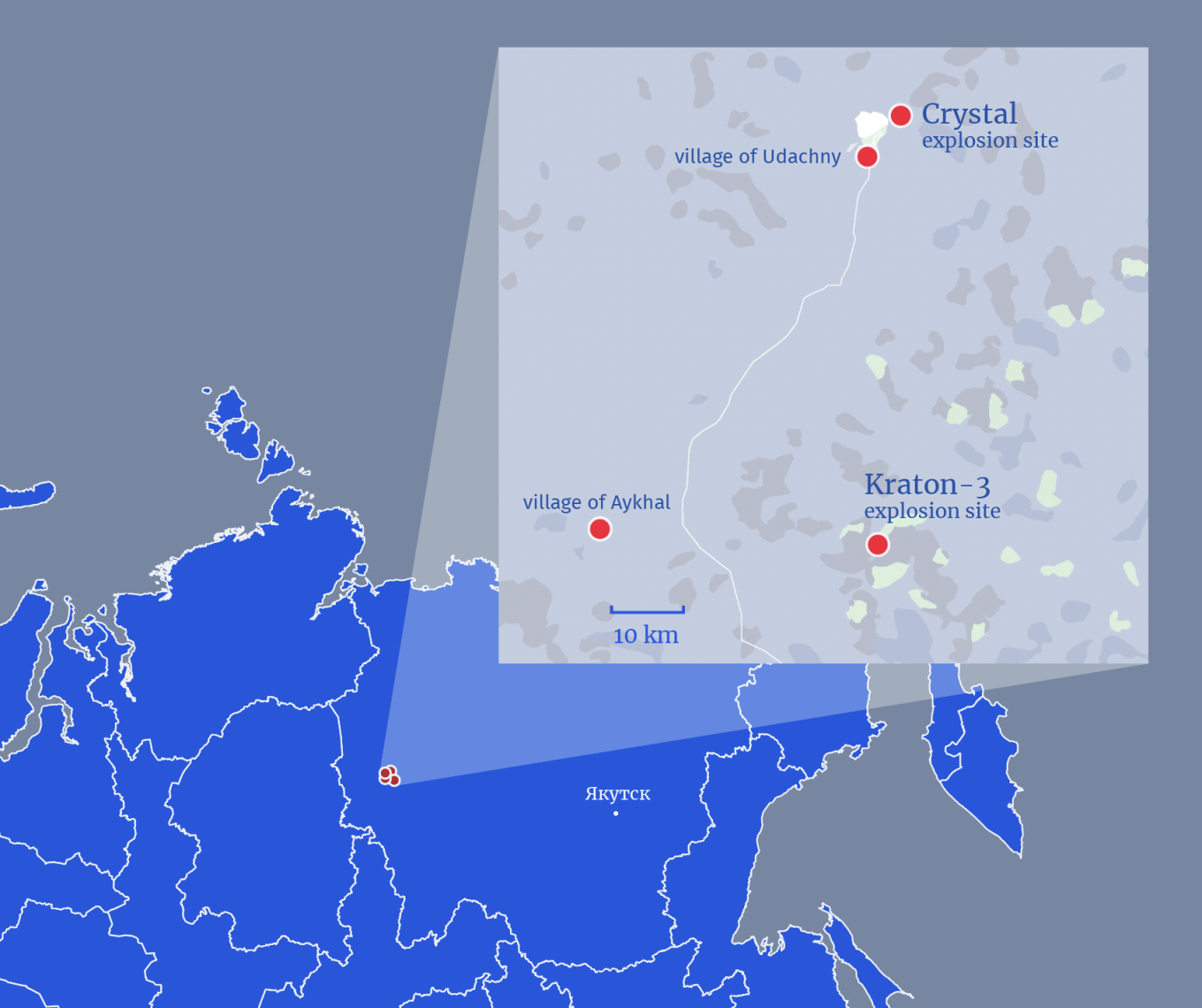 
					Soviet nuclear explosion sites and nearby villages, republic of Sakha.					 					MT				
