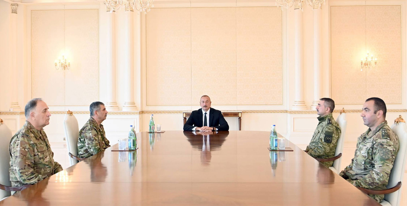 
					Azerbaijan's President Ilham Aliyev meets with the military leadership in Baku on September 13, 2022					 					president.az				