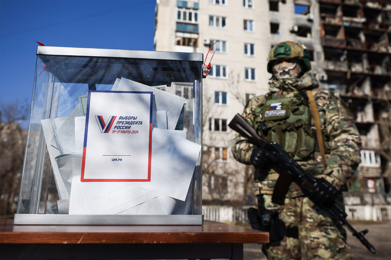 
					Early voting in the occupied city of Sievierodonetsk in the Luhansk region in March 2024.					 					Alexander Reka / TASS				