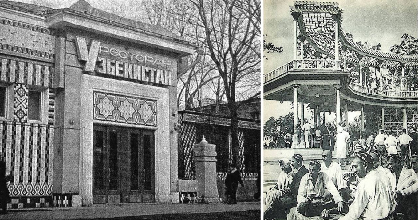 Restoran "Uzbekistan" di Moskow (1960-an) dan Uzbek Chaikhona di Pameran Prestasi Ekonomi (1950-an) Wikicommons