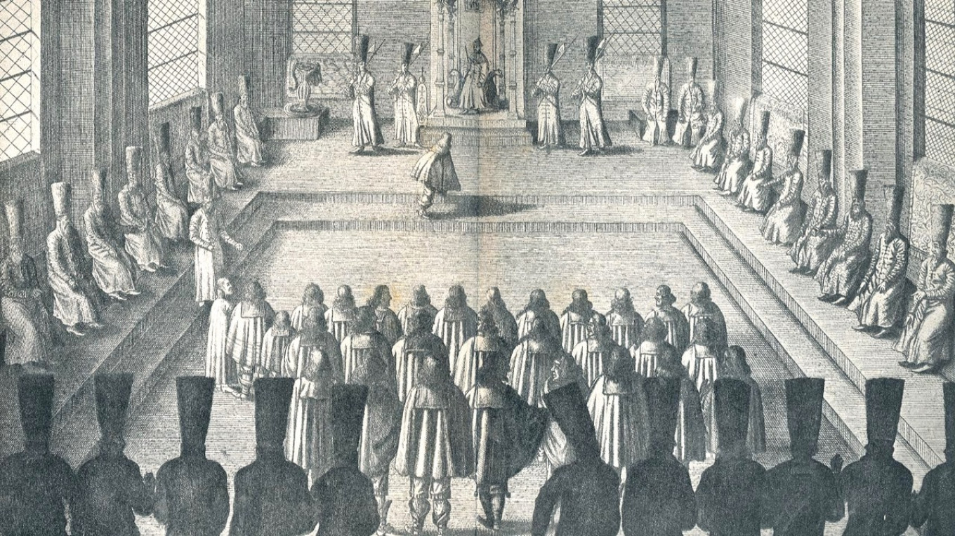 
					Audience of a Foreign Embassy. An engraving from Adam Olearius' book “Description of a Journey to Muscovy and Through Muscovy to Persia and Back.”					 					Wikimedia Commons				