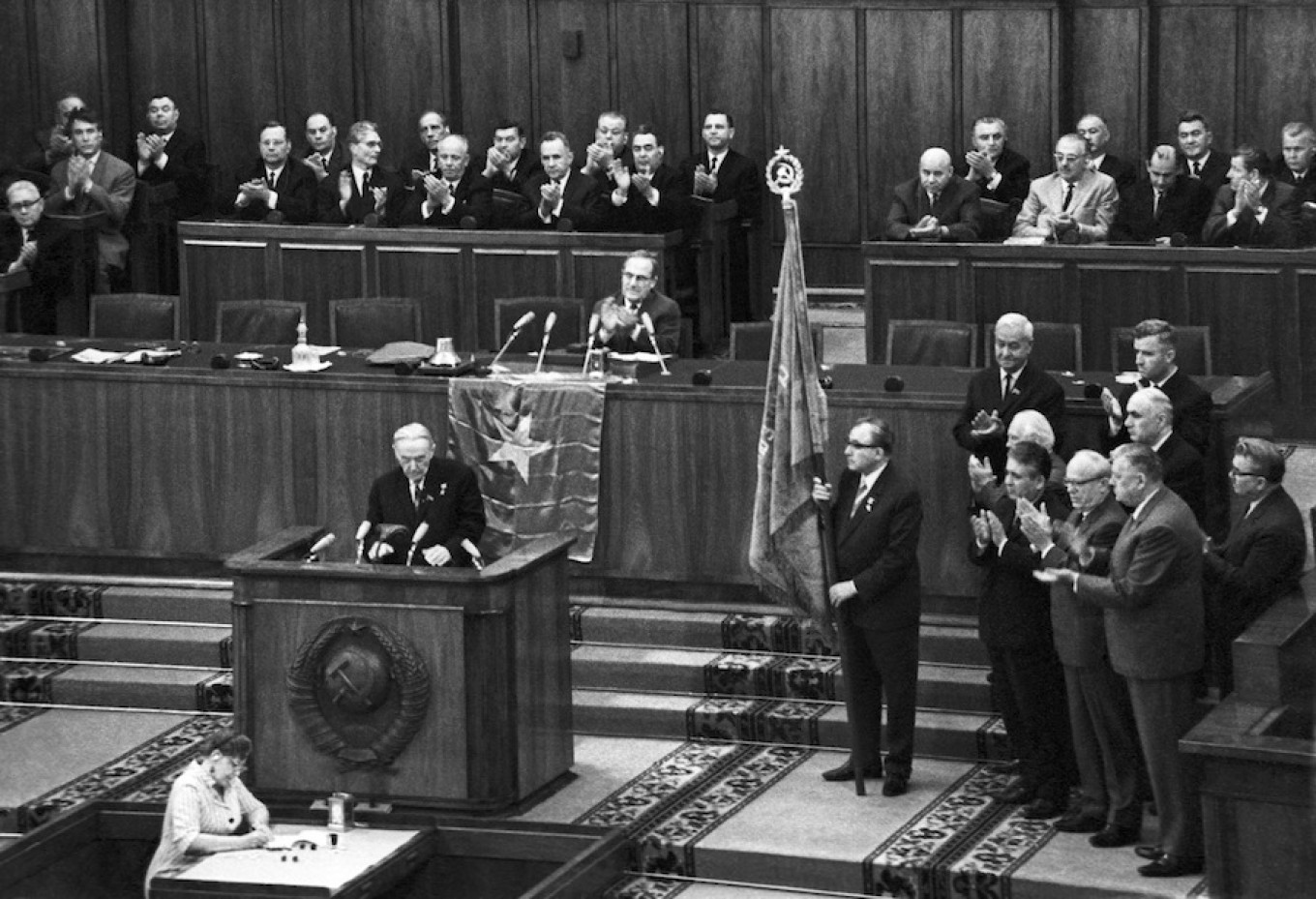 
					First secretary of the Soviet Writers Union Konstantin Fedin makes a speech at the fourth Congress of Soviet Writers in Moscow, May 26, 1967.					 					TASS				