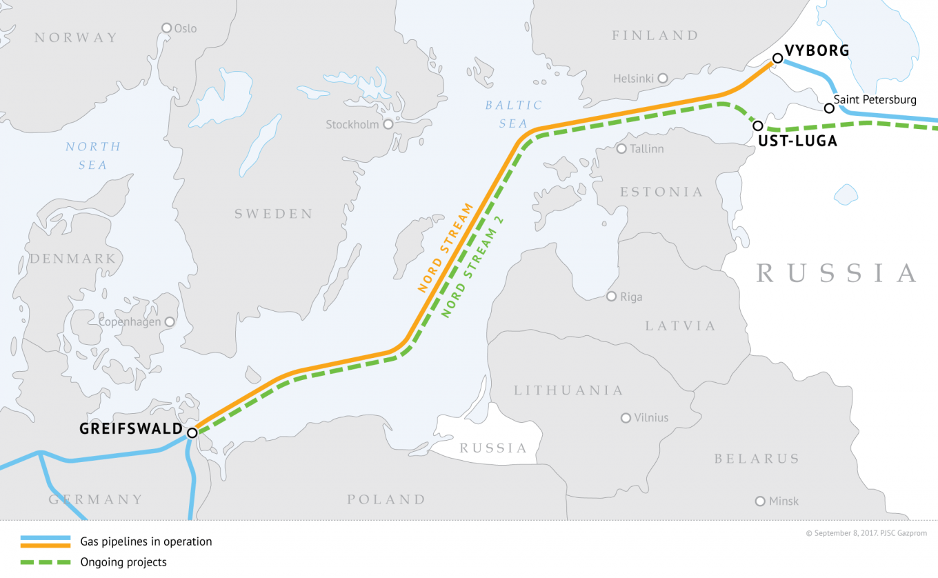 
					Nord Stream 2 runs parallel to the existing Nord Stream under the Baltic Sea, through Russia, Finnish, Swedish, Danish and German waters.					 					Gazprom				