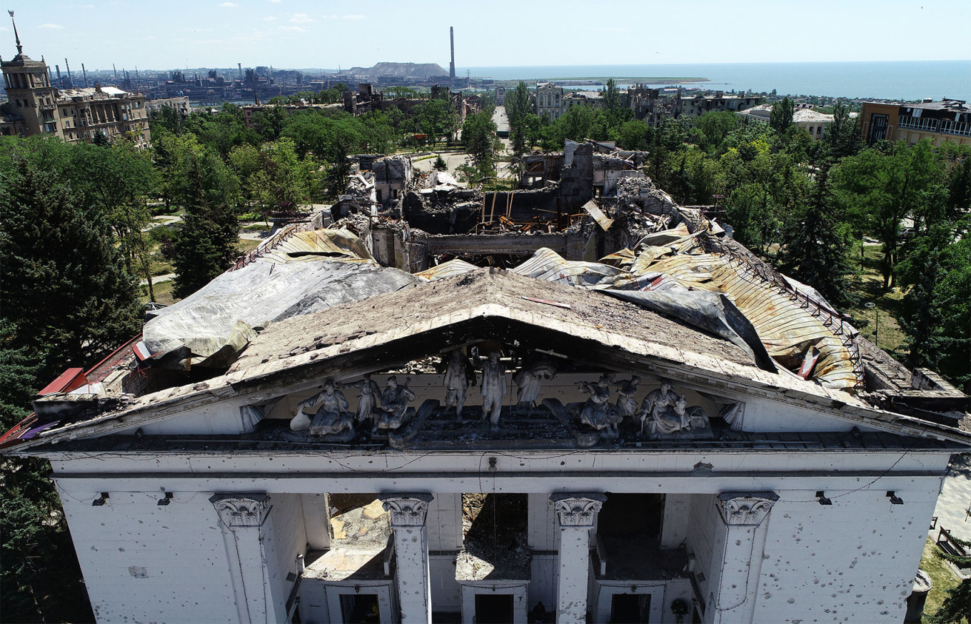 The Mariupol Drama Theater in southern Ukraine after being hit by Russian missiles.  Yegor Aleyev / TASS