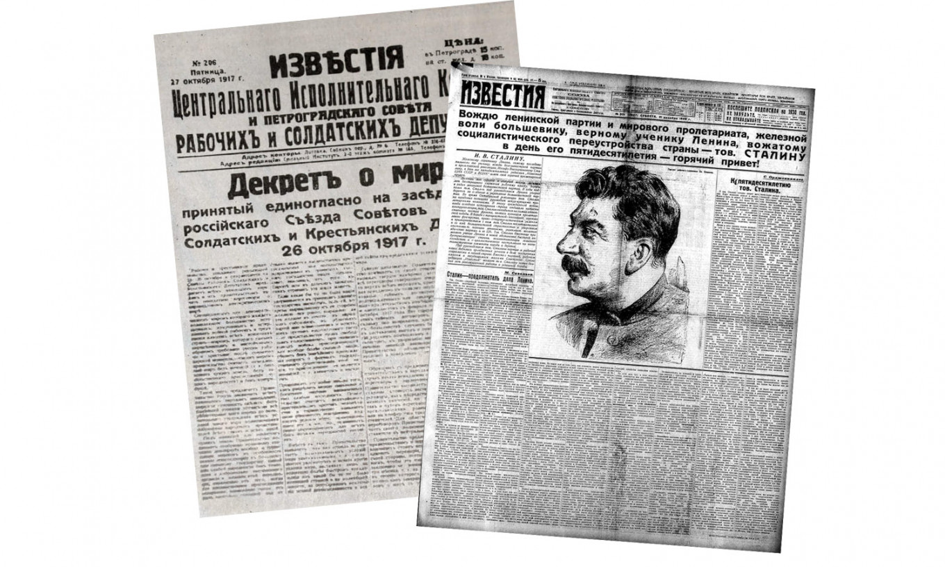 
					Oct. 27, 1917. The aftermath of the Revolution. The Decree on Peace. Right: Dec. 31, 1928. Izvestia’s cover is praising Stalin on his 50th birthday. 					 					Izvestia Archive				