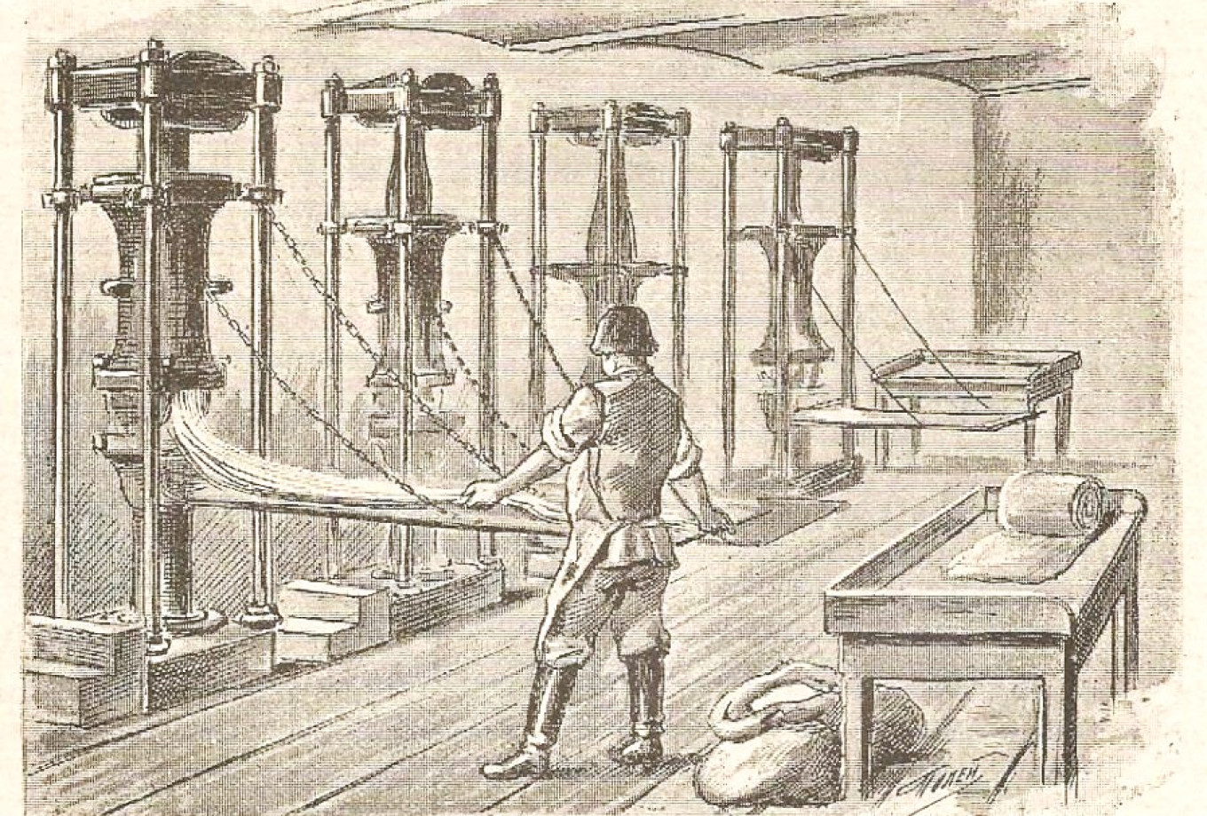 
					 A hydraulic press for pasta making. Illustration from the magazine “Our Food” (1893).					 					Wikimedia Commons				