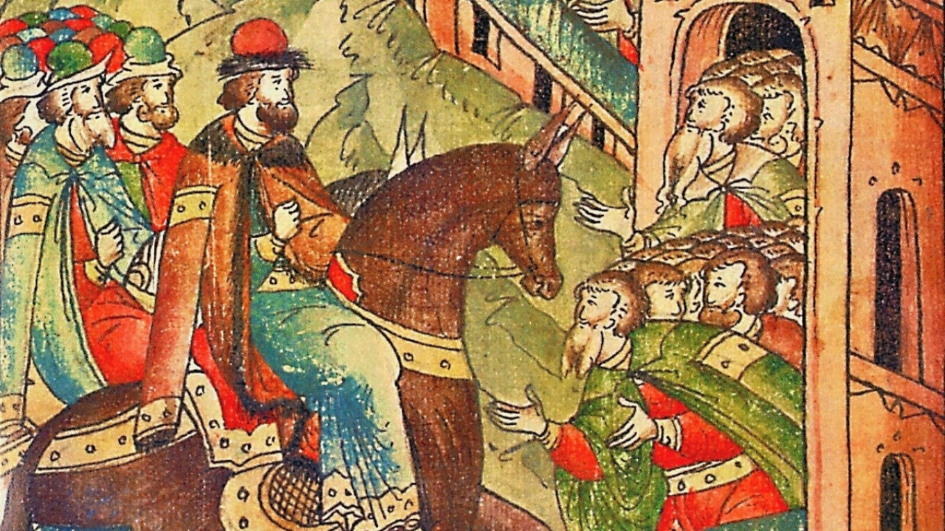 
					Vladimir Monomakh Entering Kyiv, from the Illustrated Chronicles of Ivan the Terrible.					 					Wikimedia Commons				