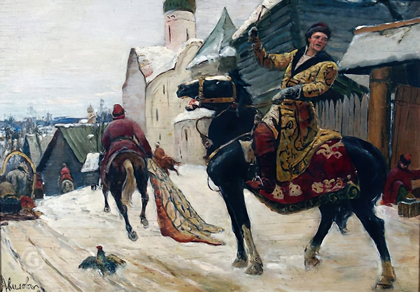 
					“Oprichniki in Novgorod” by Mikhail Avilov. Ivan the Terrible’s pogrom in Great Novgorod killed up to 15,000 people.					 									