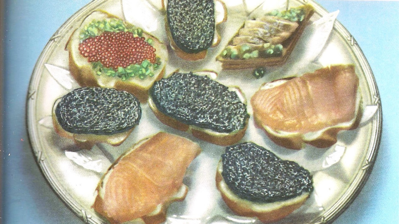 
					Open-faced sandwiches					 					From the Soviet cookbook "Kulinaria" (1955).				