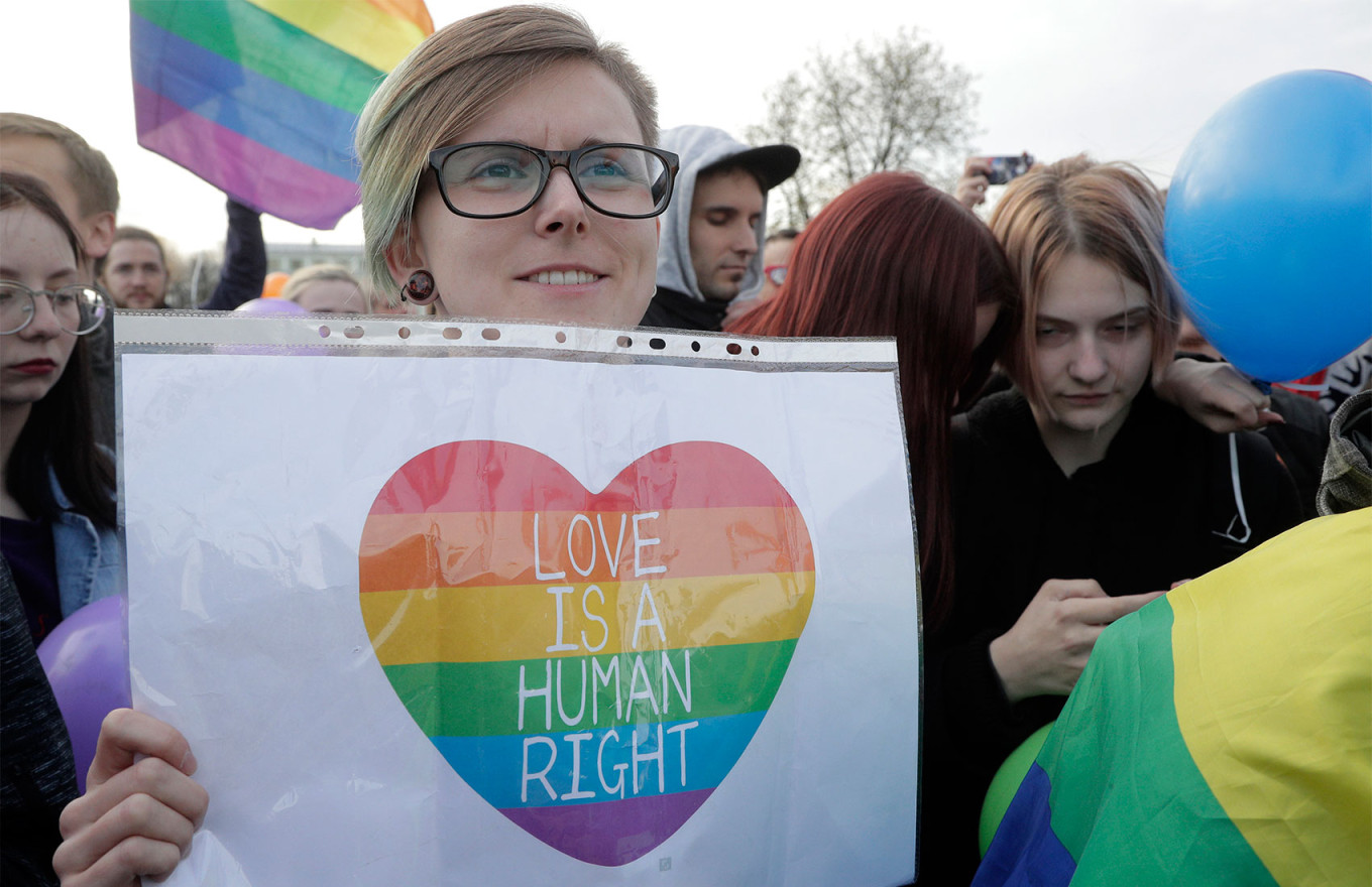 
					Gay rights activists gather to mark International Day Against Homophobia, Transphobia and Biphobia in St. Petersburg in 2017.					 					Dmitri Lovetsky / AP Photo / TASS				
