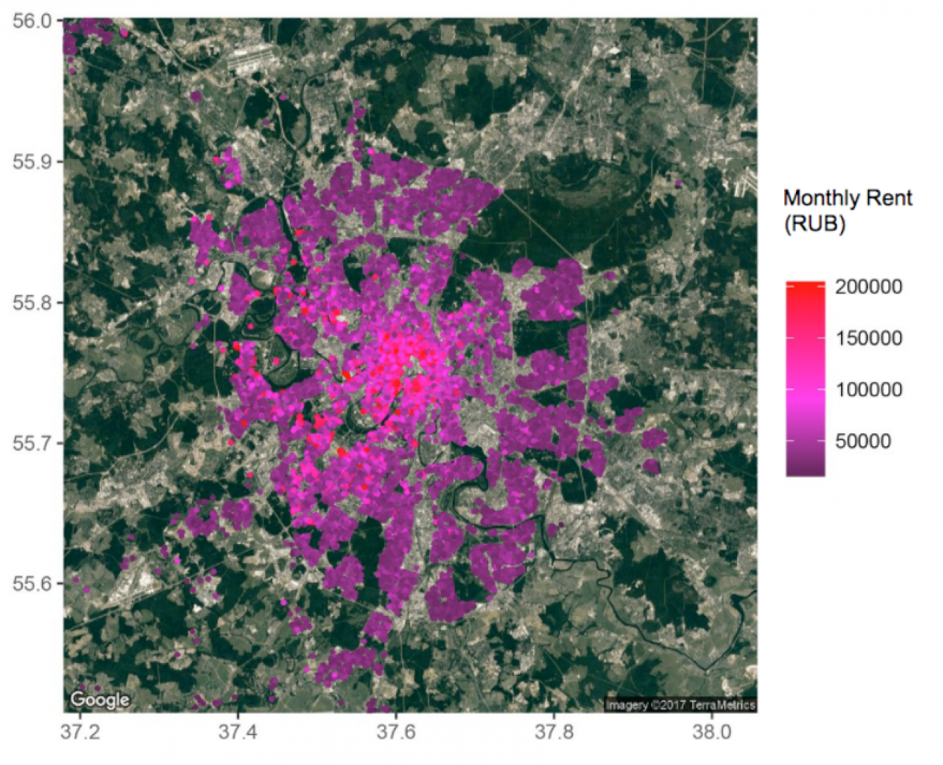 
					The apartment listings studied by the team, categorized by monthly rent.					 					Robustory				