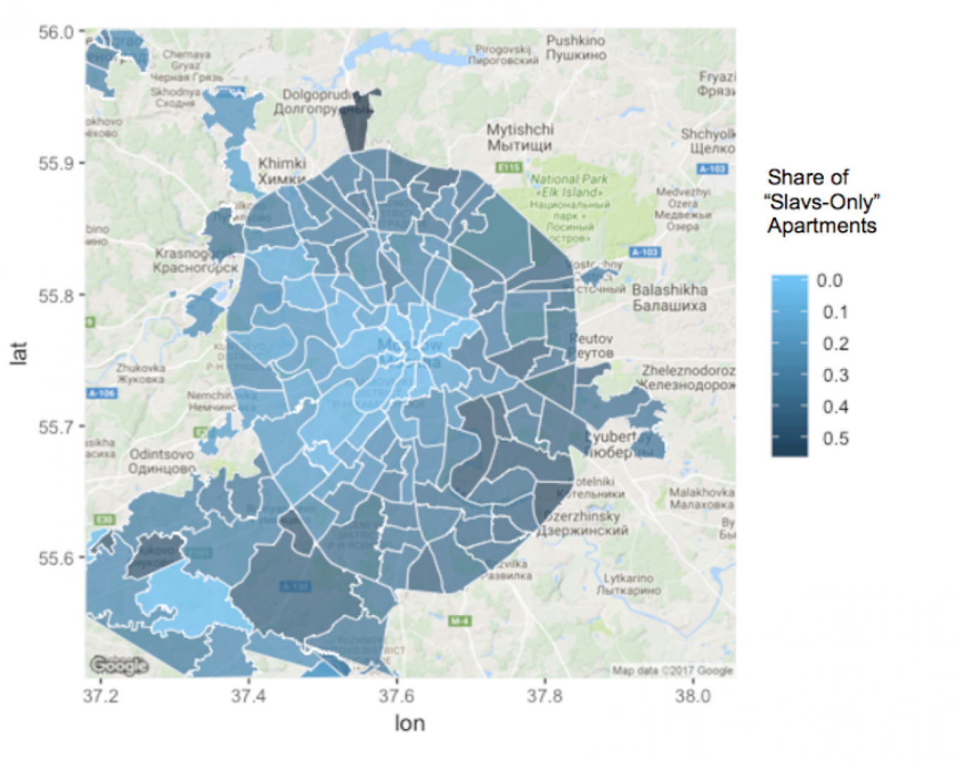 The percentage of apartment listings which specify the race of potential tenants, divided by neighborhood. Robustory