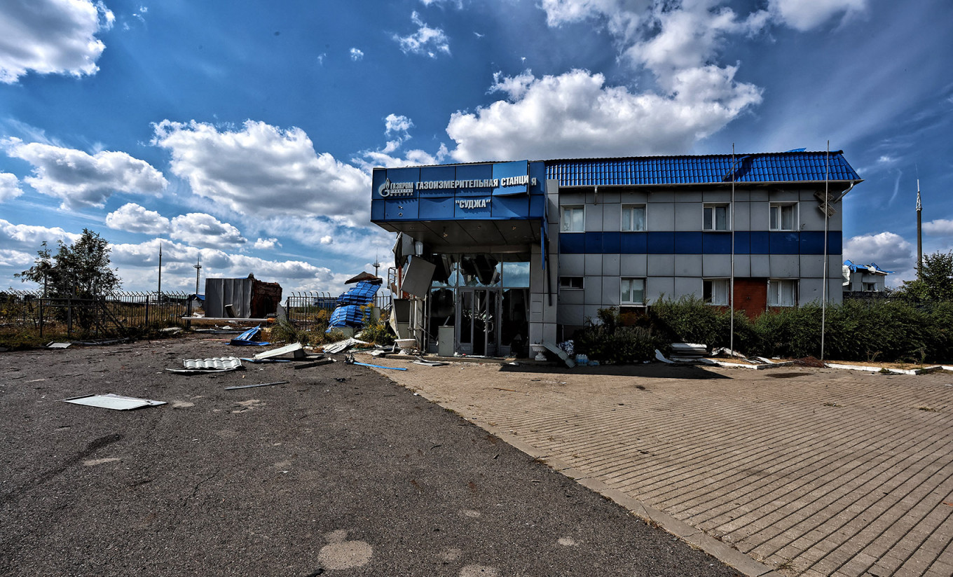 
					The damaged gas measuring station in the Kyiv-held town of Sudzha, Kursk region, bearing the Gazprom logo.					 					Yan Dobronosov / AFP				