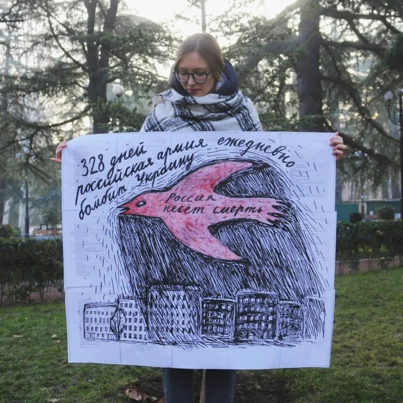 
					"The Russian army has been bombing Ukraine every day for 328 days. / Russia brings death." 					 					Daria Apakhonchich				