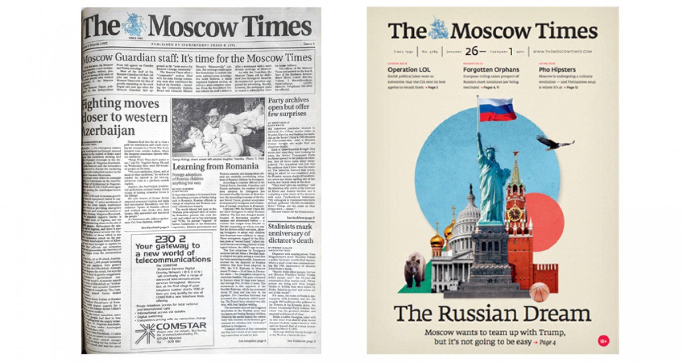 
					   					 					Left, the first front page of The Moscow Times. In 2015, the paper switched to a weekly format and underwent a thorough redesign, right. 				