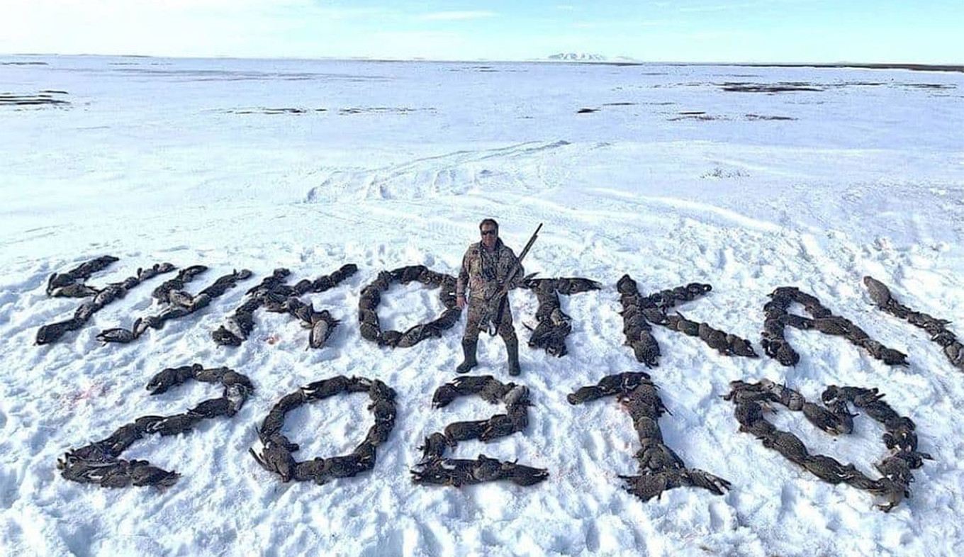 
					Former Magadan City Duma deputy Alexander Kramarenko poses with hunted geese arranged to read "Chukotka 2021." Authorities opened a criminal case on illegal hunting following public outrage over the photo, which Kramarenko claimed was "photoshopped."					 					Social media				