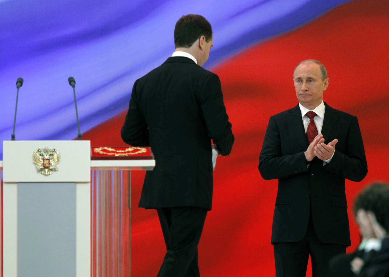Outgoing President of Russia, Dmitry Medvedev (L) and his successor Vladimir Putin at the inauguration ceremony in the Grand Kremlin Palace on May 7, 2012. Dmitry Astakhov / ITAR-TASS