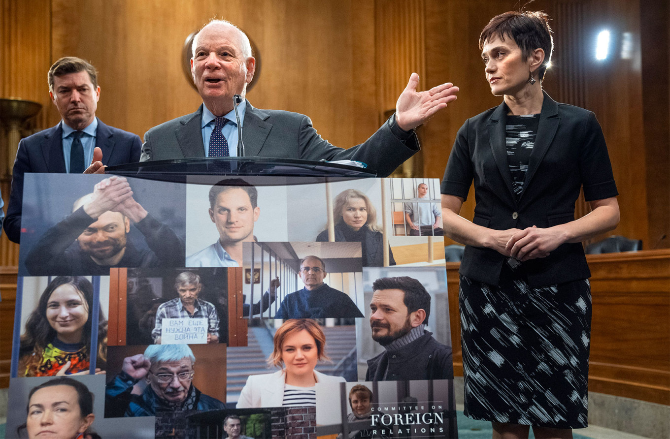 
					Sen. Ben Cardin (D-Md.), chair of the Senate Foreign Relations Committee, center, speaks during an event calling for the immediate release of Vladimir Kara-Murza, next to Evgenia Kara-Murza and James Roscoe, deputy head of mission at the British Embassy in Washington, left, on Capitol Hill, April 9.					 					Jacquelyn Martin / AP Photo / TASS				