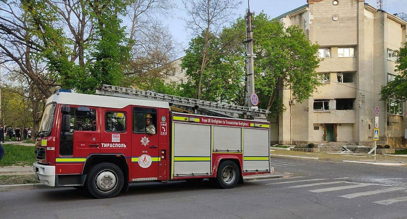 
					 A fire engine is pictured outside the Ministry for State Security of Transnistria that was shelled from hand-held grenade launchers on April 25. 					 					Transnistria's Interior Ministry				