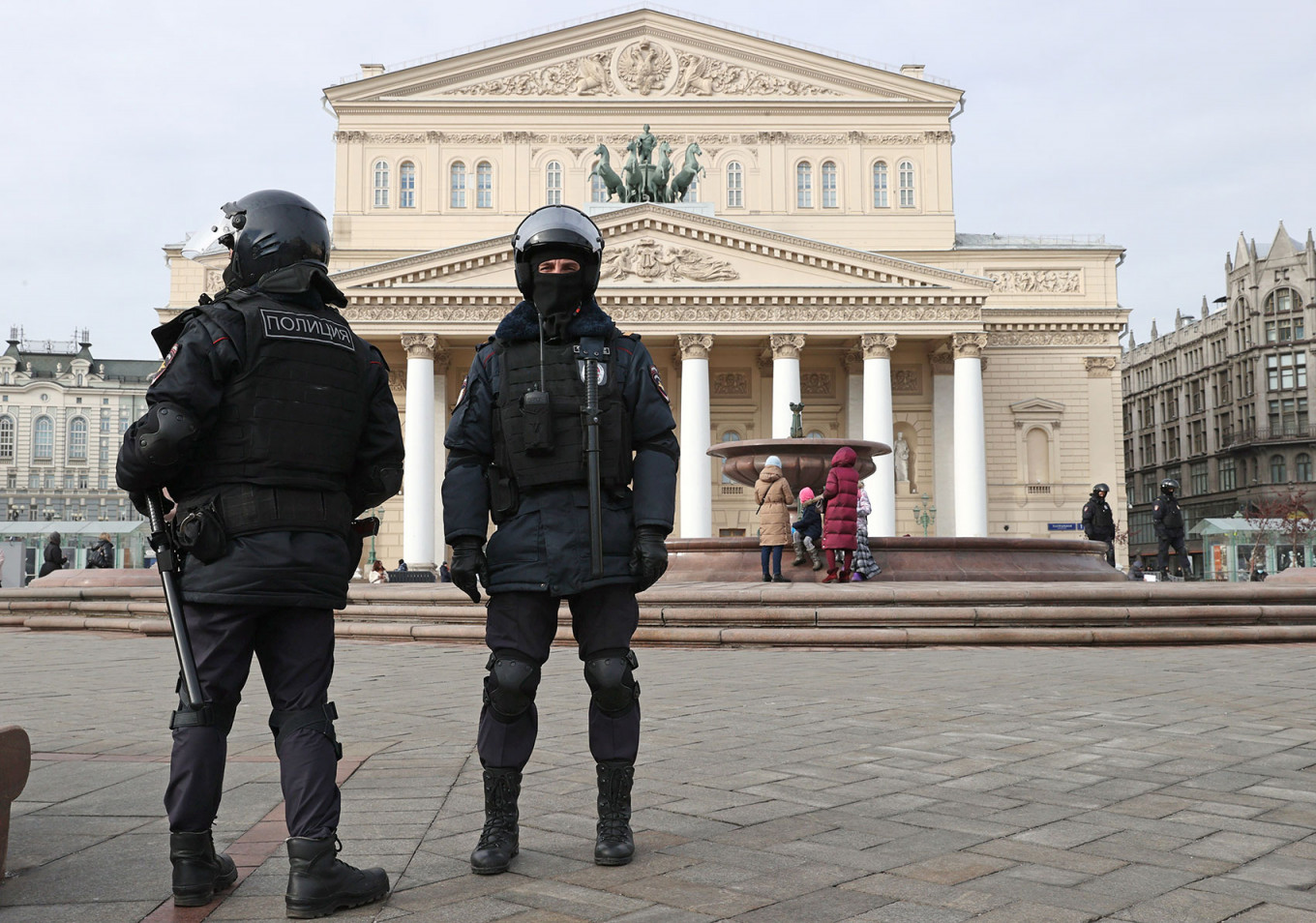 
					Law enforcement officers outside the Bolshoi Theater in Moscow during protest against Russia's invasion of Ukraine. 					 					Sergei Savostyanov / TASS				