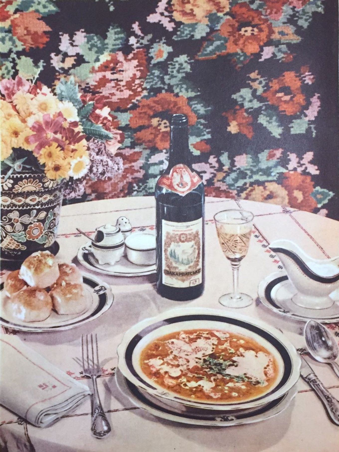 
					 Ukrainian borshch					 					 Illustration from the Soviet-era "Culinary Arts" (1955).				