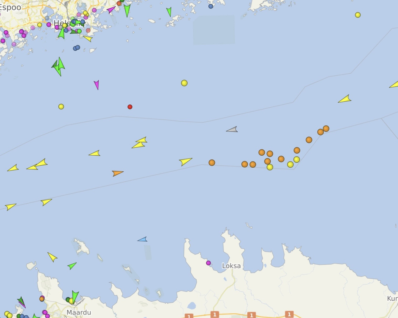 
					A cluster of oil tankers (marked with orange circles) at anchor between Estonia and Finland.					 					Screenshot April 14 from vesselfinder.com				