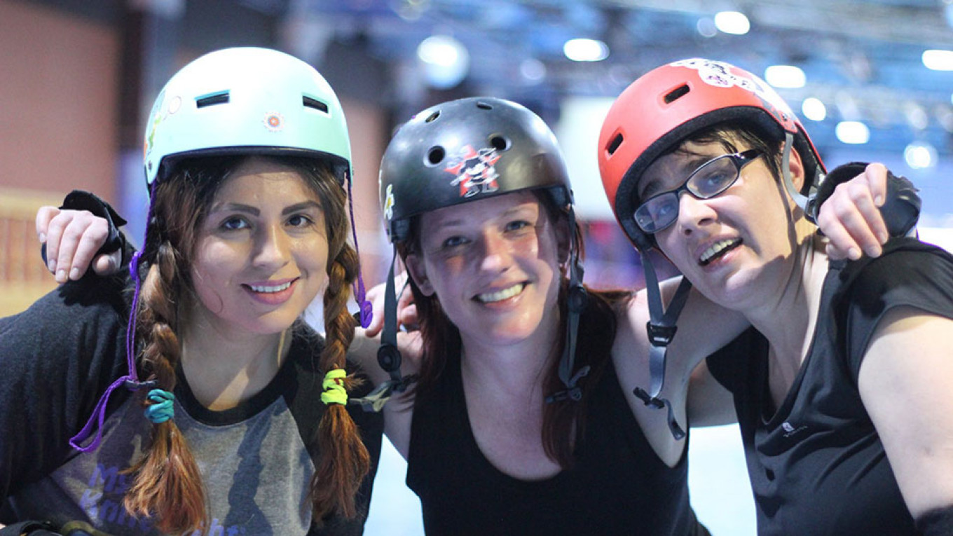 
					From left to right: Bree Antonova (from the United States), Aurelie, and Nadya Borets, one of the co-founders of the Moscow team.					 					Moscow Roller Derby				