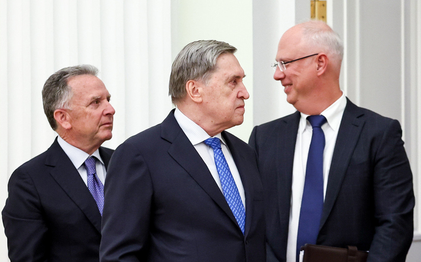 
					From left: U.S. special envoy Steve Witkoff, Yury Ushakov and Kirill Dmitriev during talks in the Kremlin.					 					Alexander Kazakov / TASS				