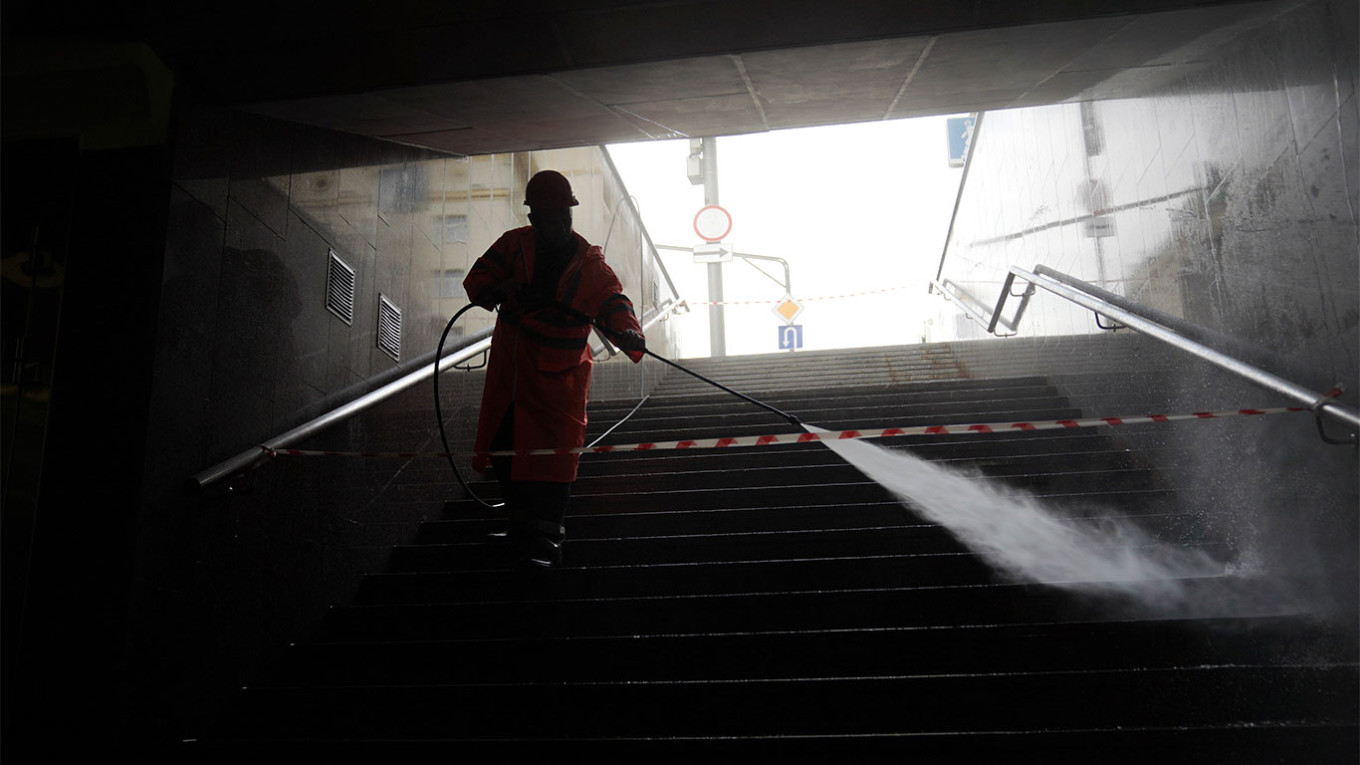 
					Cleaning of an underground passage in Moscow.					 					Pelagia Tikhonova / Moskva News Agency				