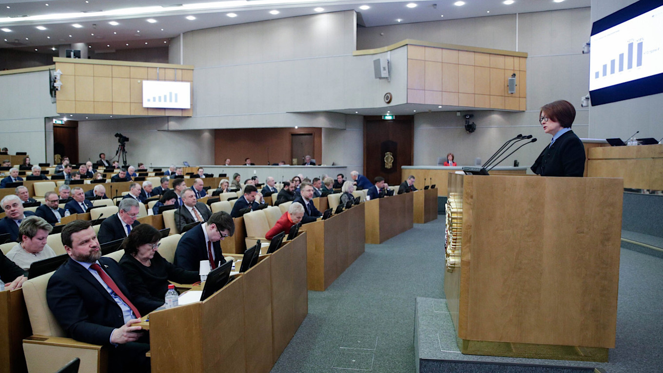 
					Bank of Russia Governor Elvira Nabiullina at a plenary session of the State Duma					 					State Duma				