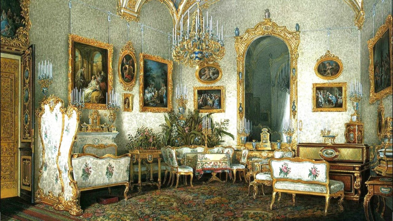 
					 The White Drawing-room of the Grand Duchess Maria Alexandrovna in the Winter Palace (1850) by Eduard Hau					 					Wiki Commons				