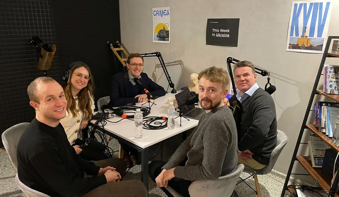 
					David Knowles, second to the right, alongside Kyiv Independent reporter Francis Farrell, far left, during a recording of a Ukraine: The Latest episode in Kyiv in February 2024.					 					Kyiv Independent 				