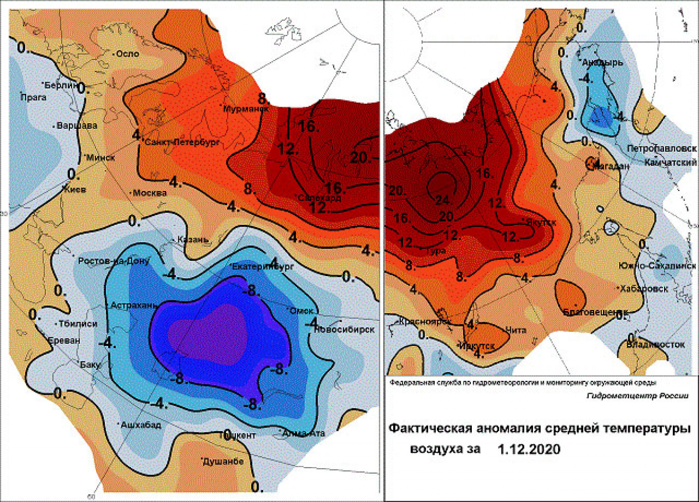 
					Temperature deviations in the Russian Arctic on Dec. 1. 					 					Roshydromet				