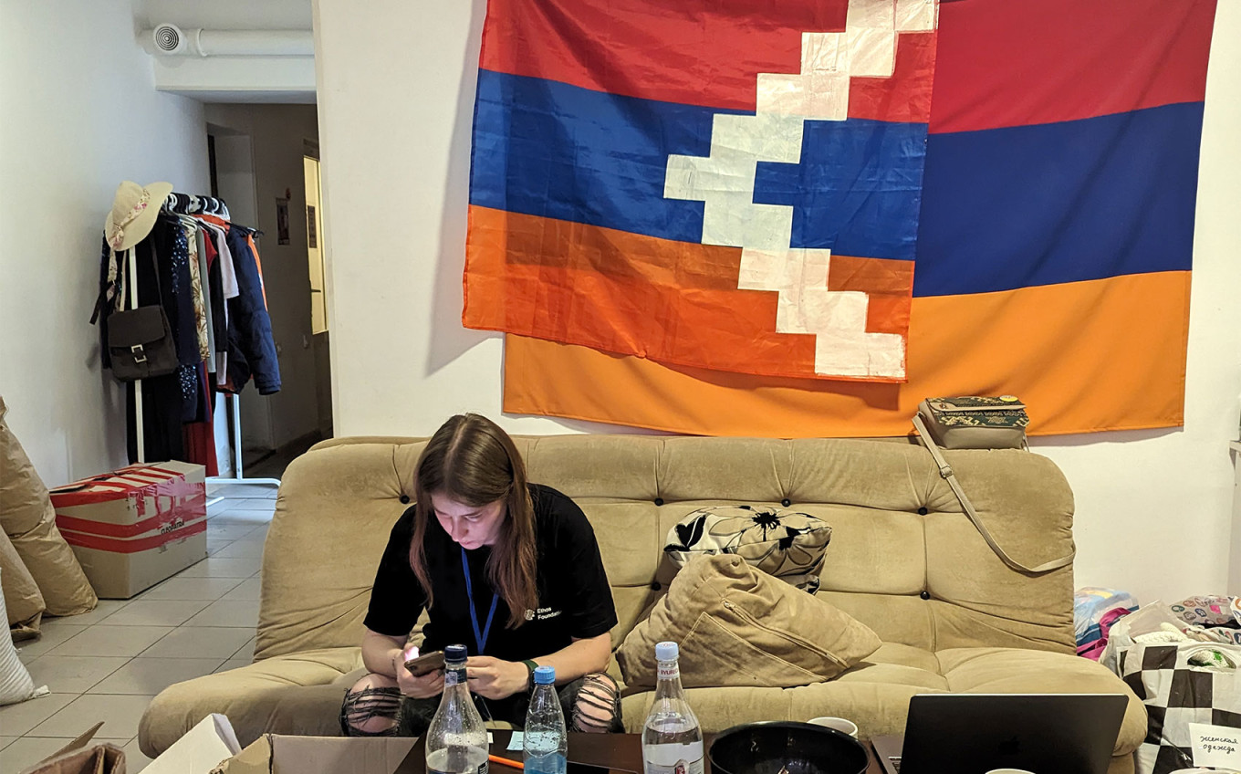 
					The flags of Armenia and the separatist Armenian republic of Artsakh hang in the Ethos office.					 					Kirill Ponomarev				