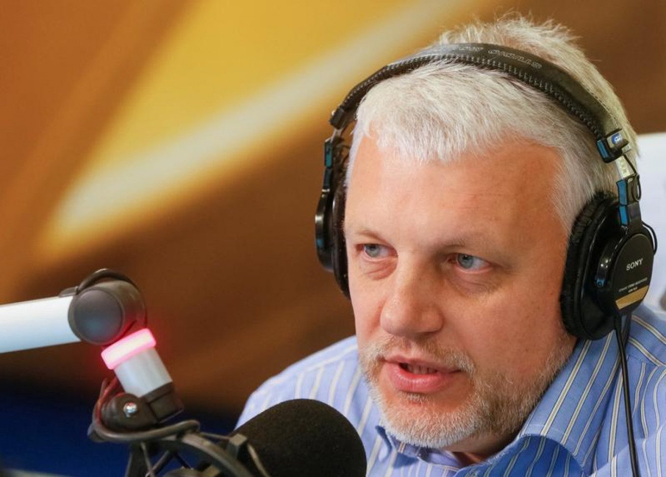 
					Journalist Pavel Sheremet talks on the air at a radio station in Kiev, Ukraine, Oct. 11, 2015. 					 					Valentyn Ogirenko / Reuters				