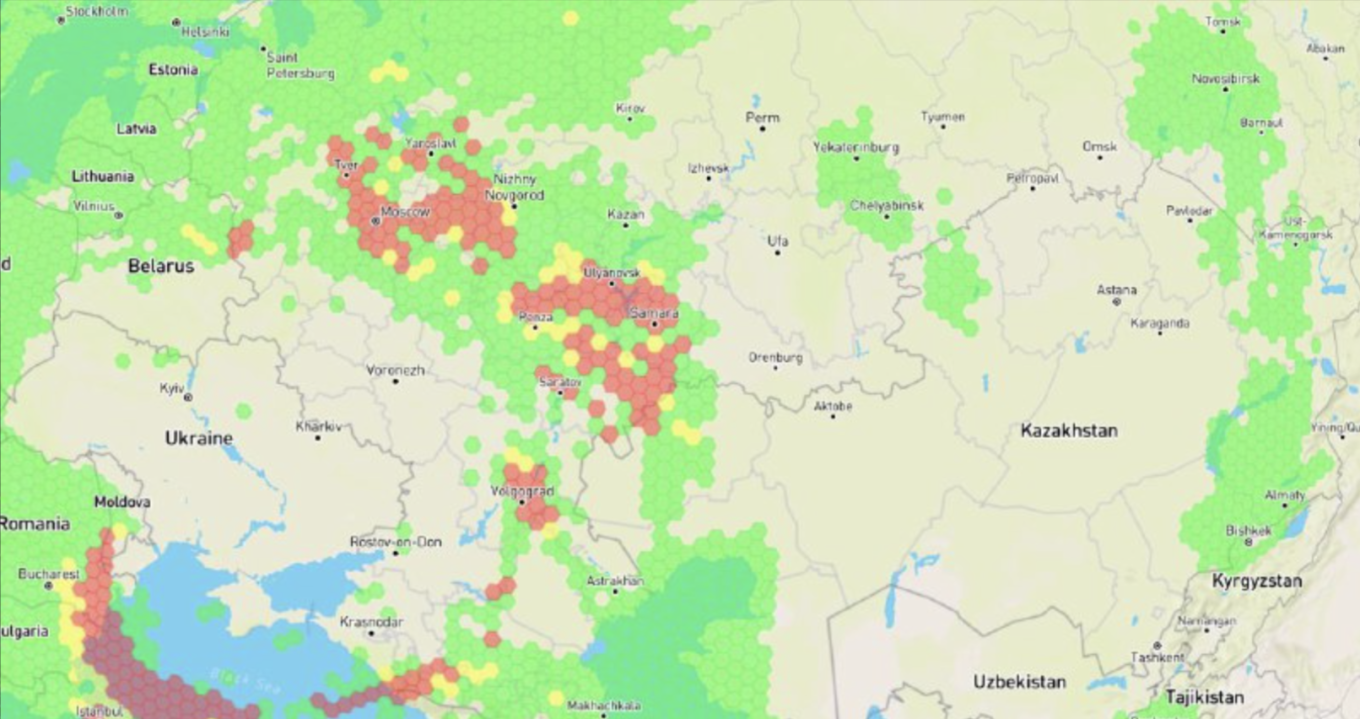 
					Red dots indicate areas where GPS signals are experiencing high levels of interference.					 					gpsjam.org				