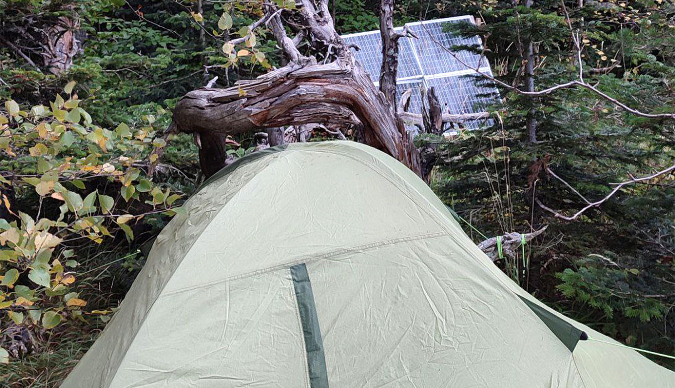 A tent and solar panels used by an IT specialist hiding from mobilization in the forests of southern Russia. t.me/force_resistance