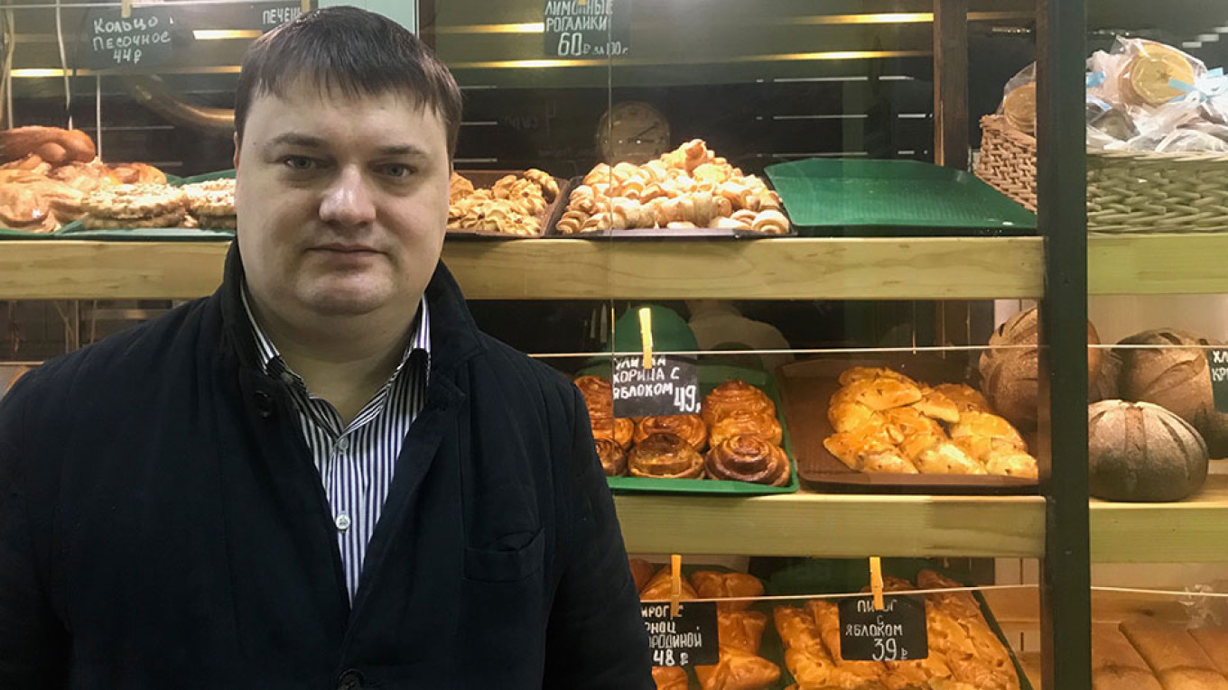 
					Vladimir Anshakov, owner of the Bread & Pizza bakery, says he may soon have to increase prices. 					 					Evan Gershkovich				