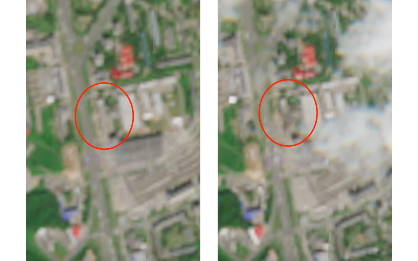 
					A facility allegedly used to produce drone components in Cheboksary was targeted by drones on June 10. These images, captured on June 9 and 12, show extensive damage. 					 					Copernicus, the EU’s Earth-observation satellite program				