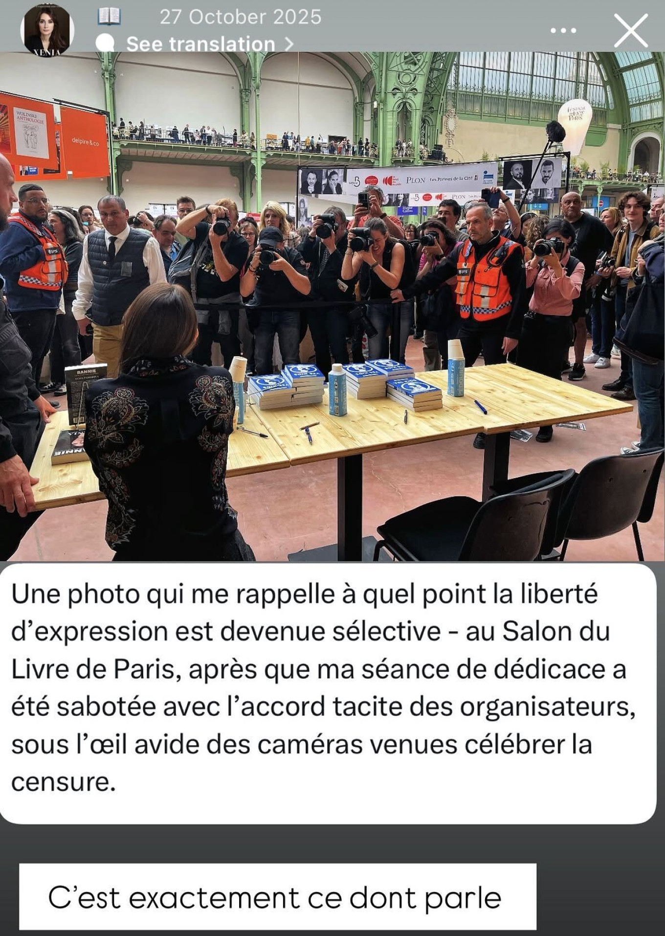 
					Fedorova's post reacting to the disruption of her book launch.					 					xfedorova / Instagram				