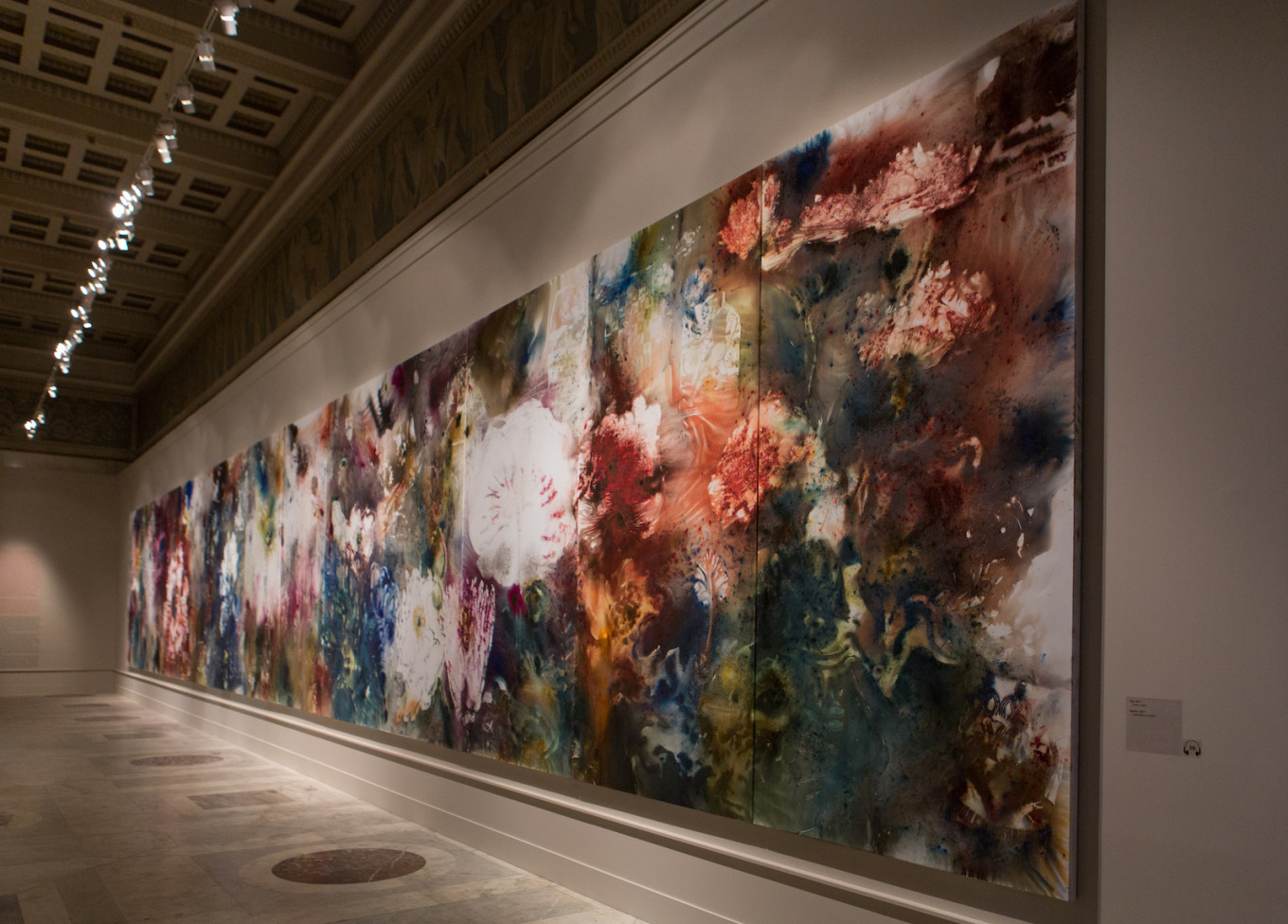 
					Installation view at The Pushkin Museum of Fine Arts, 2017 of Garden, 2017; gunpowder on canvas; 3 x 20 m overall					 					Photo by Lin King, courtesy Cai Studio				